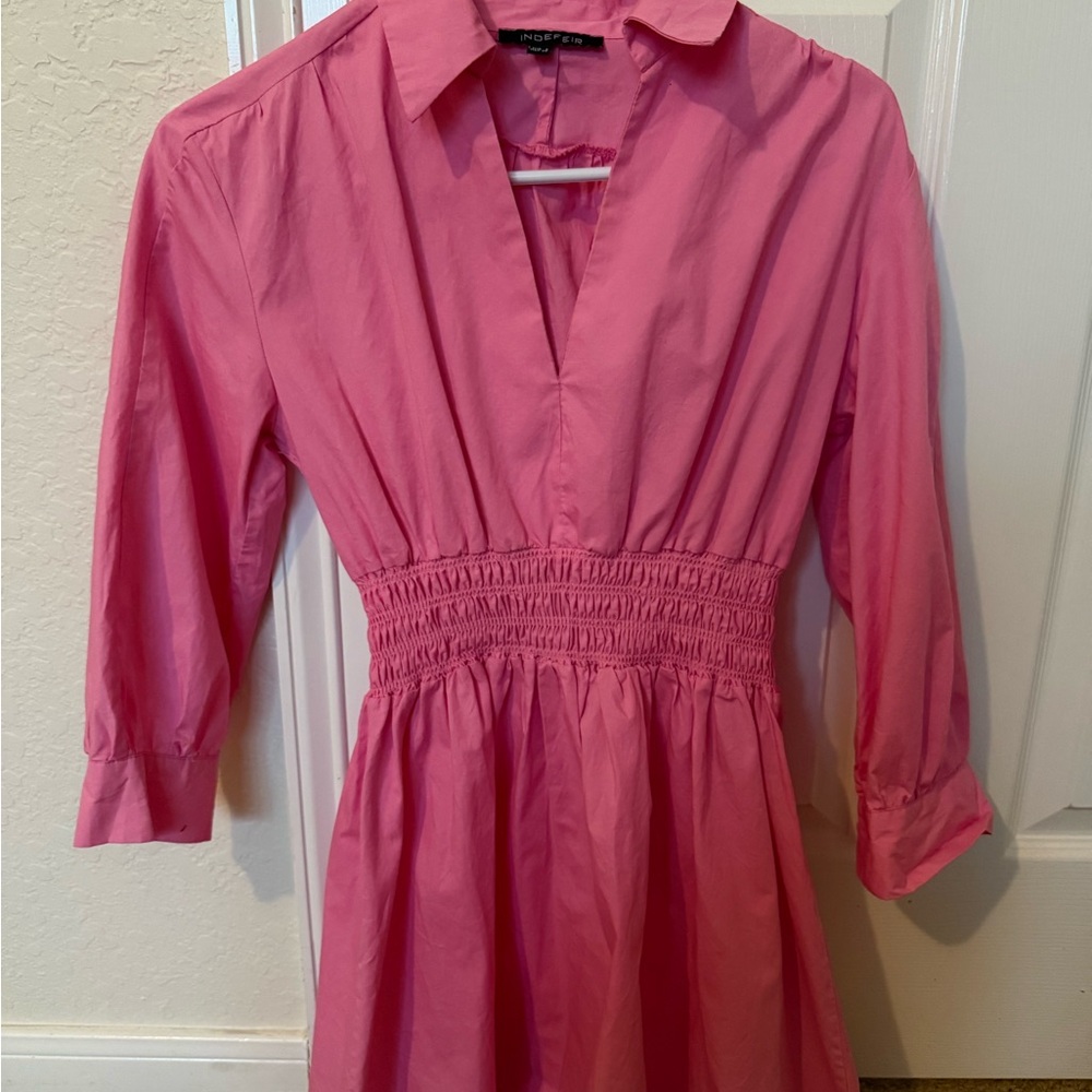 INDEFEIR Pink Poplin Collared Mini Dress Long Sleeve Dress